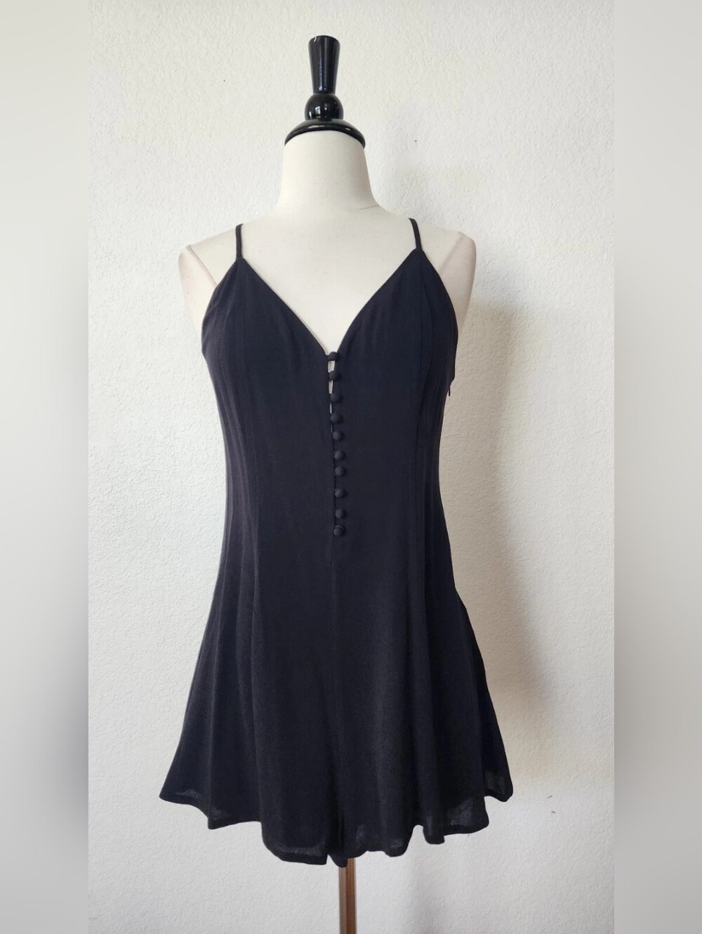 Black Spaghetti Strap Button-Front Slip Dress